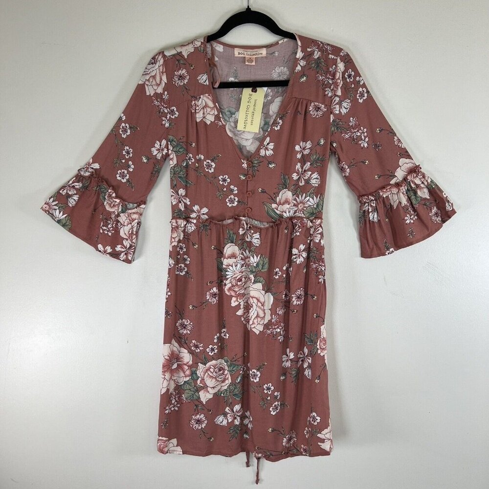 Band of Gypsies Dusty Coral and Cream Floral V-Neck Mini Dress S